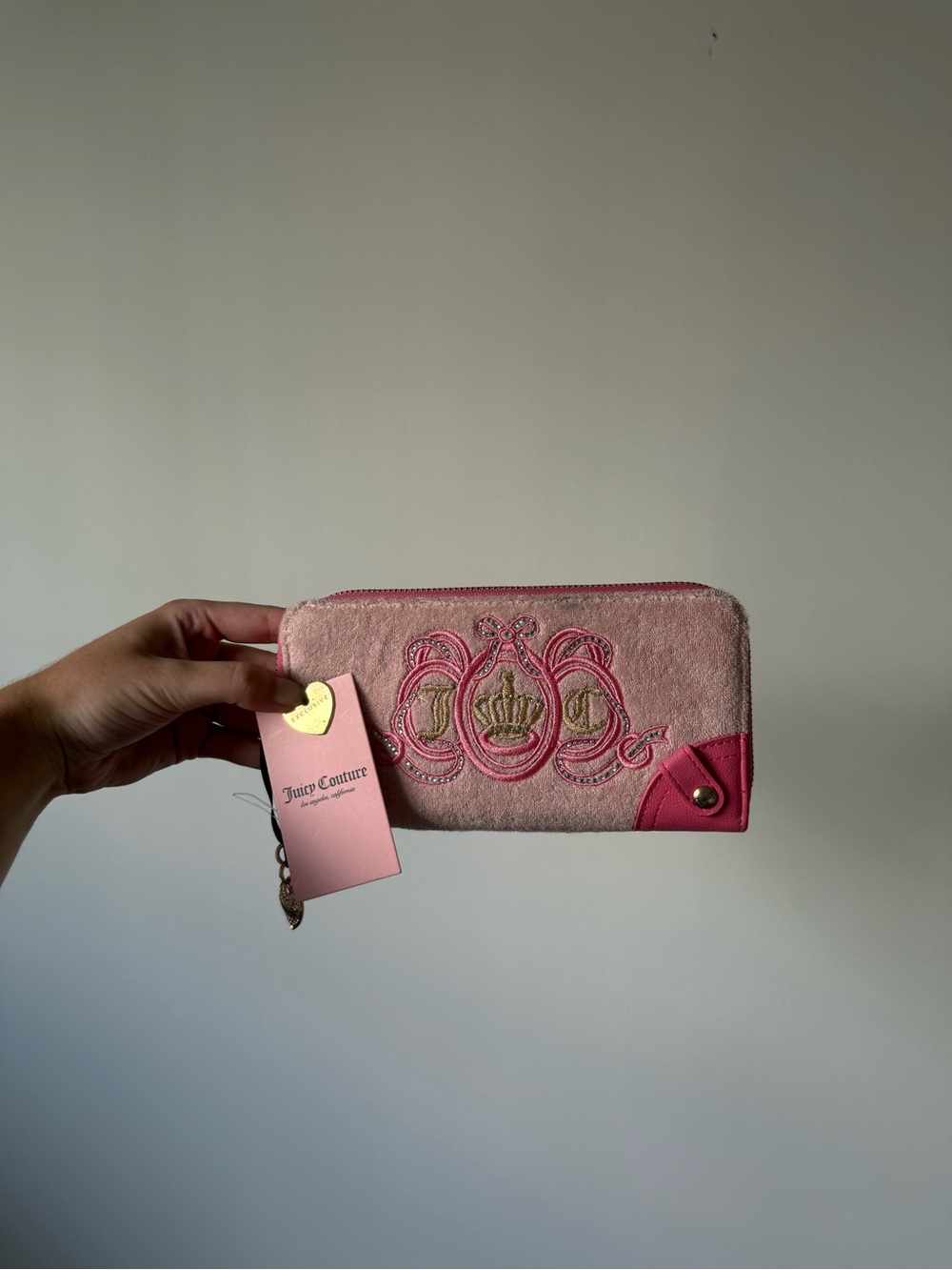 Juicy Couture Light Pink Embroidered Zip Wallet with Hot Pink Accent